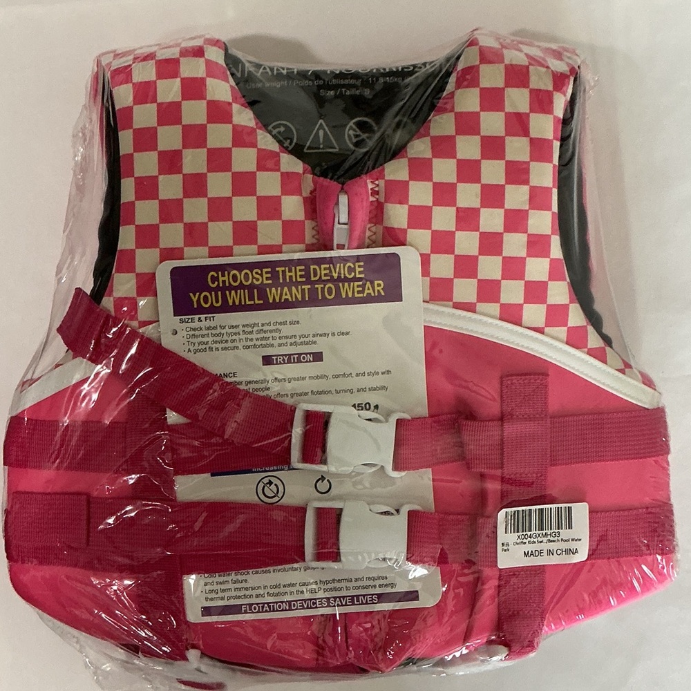 Kids Pink Checkered Life Vest Fits 26-33lbs